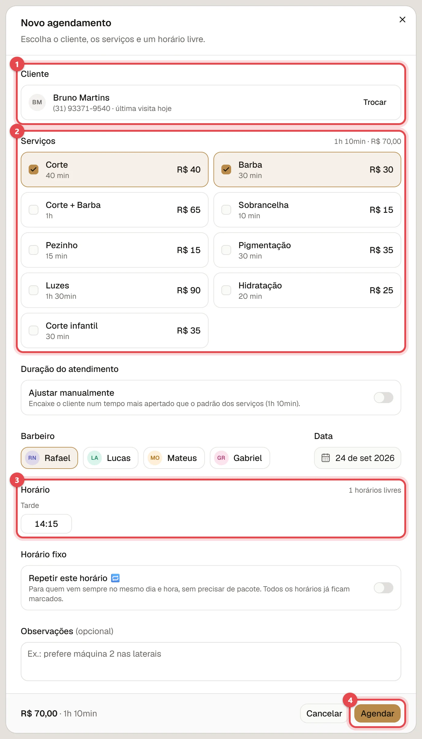 Janela Novo agendamento preenchida, com o cliente, dois serviços marcados, o profissional, os horários livres e o botão Agendar.