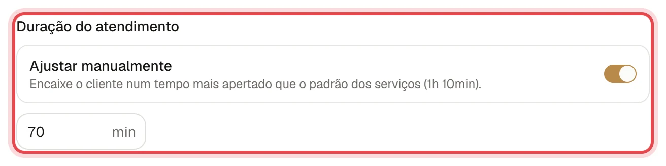 Bloco Duração do atendimento com a chave Ajustar manualmente ligada e o campo de minutos preenchido com 70.