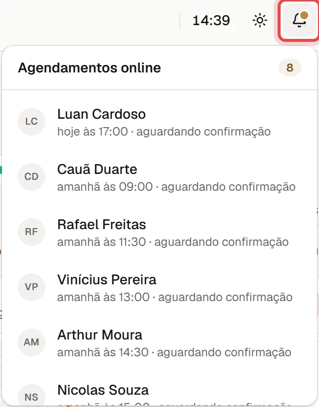 Lista aberta pelo sininho da Agenda, com os agendamentos online aguardando confirmação.