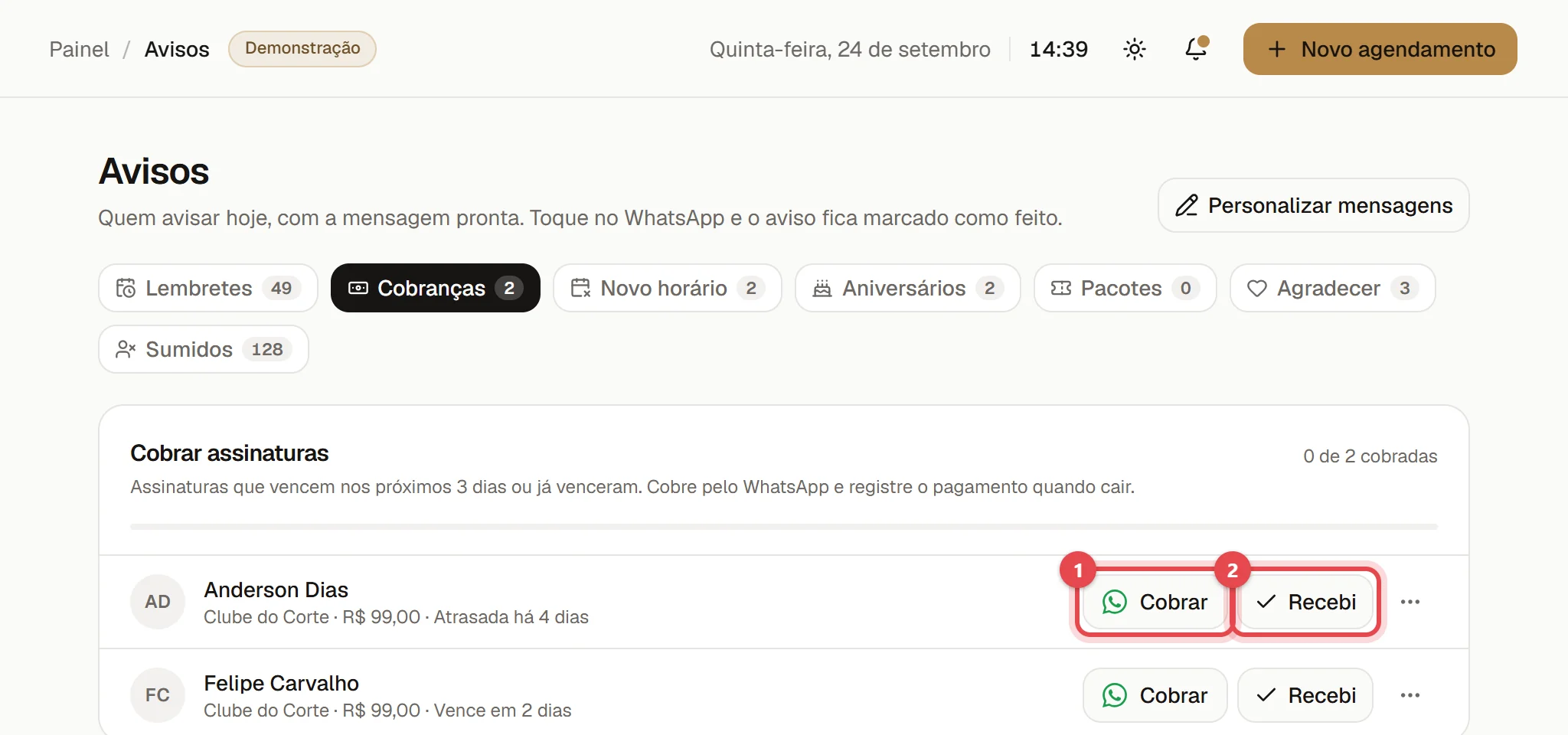 Página Avisos no tipo Cobranças, com a lista de assinaturas a cobrar e os botões Cobrar e Recebi em cada linha.