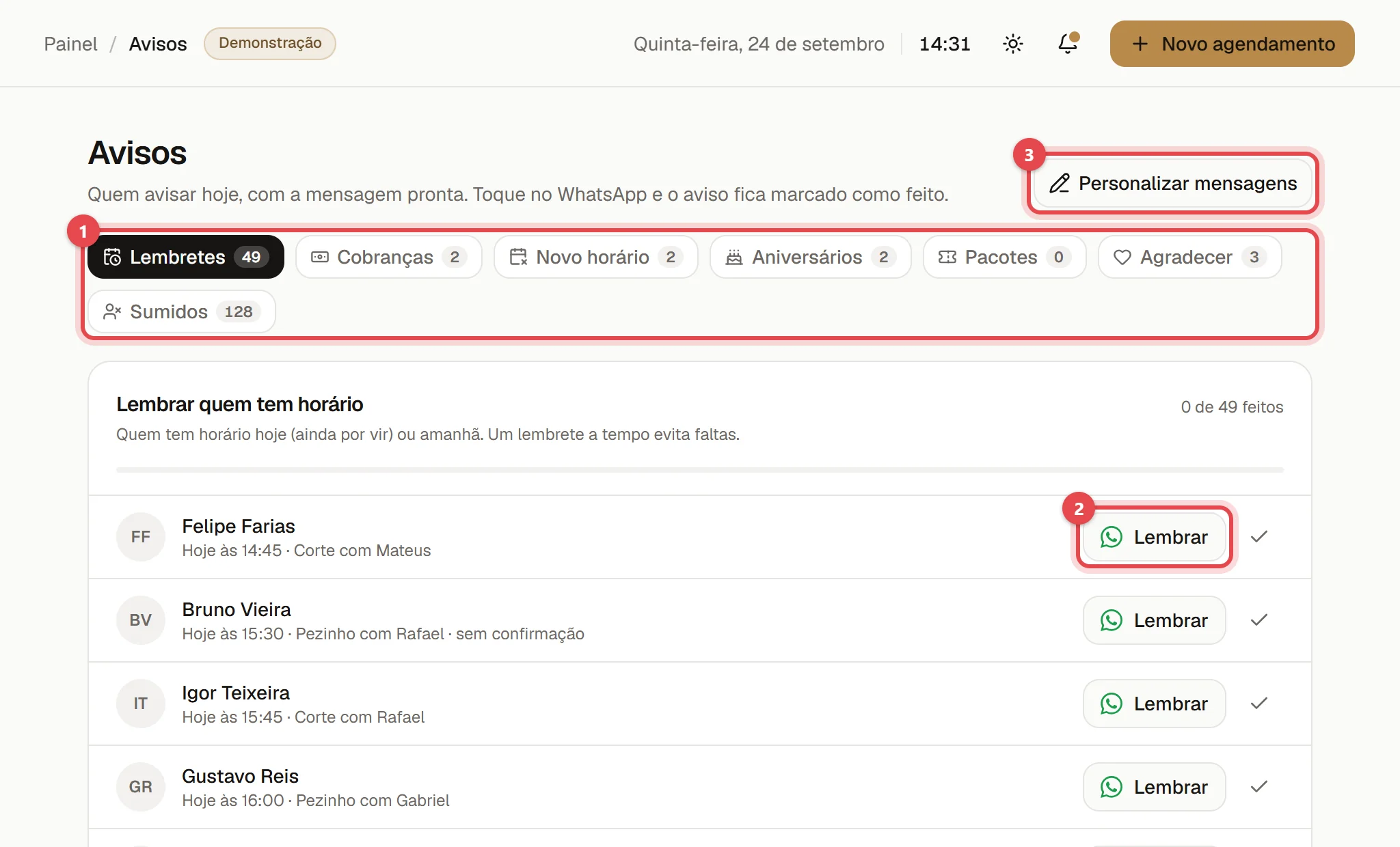 Página Avisos no tipo Lembretes, com os tipos de aviso no alto, a lista de quem lembrar e o botão Lembrar de cada linha.
