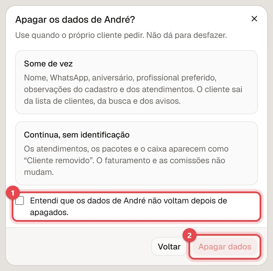 Janela Apagar os dados do cliente, com o que some de vez, o que continua sem identificação, a caixa de confirmação e o botão Apagar dados.