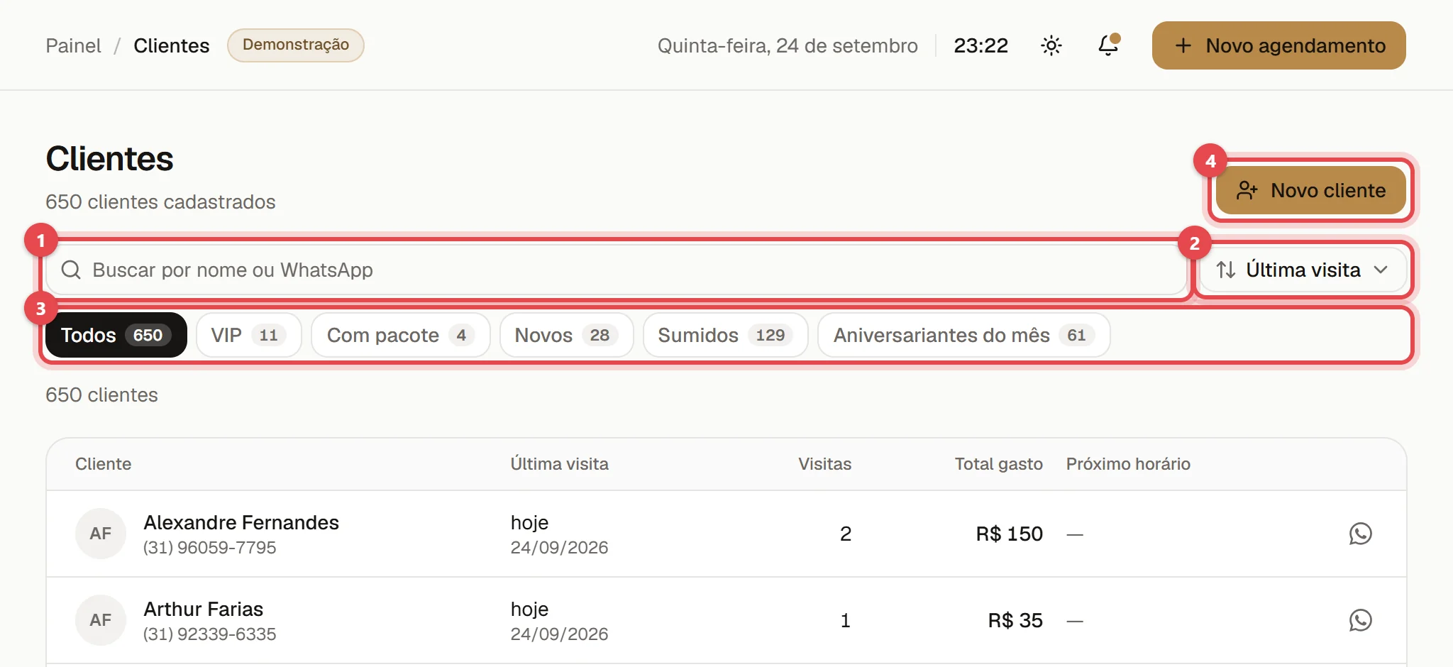 Lista de clientes com a busca e a ordenação por última visita em cima, os seis filtros logo abaixo (Todos, VIP, Com pacote, Novos, Sumidos e Aniversariantes do mês) e o botão Novo cliente.
