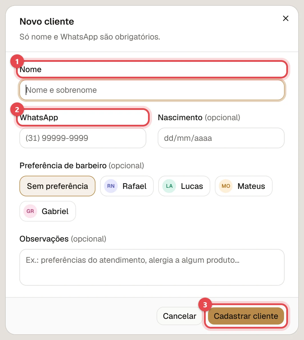 Janela Novo cliente, com os campos Nome e WhatsApp, o nascimento, a preferência de profissional, as observações e o botão Cadastrar cliente.