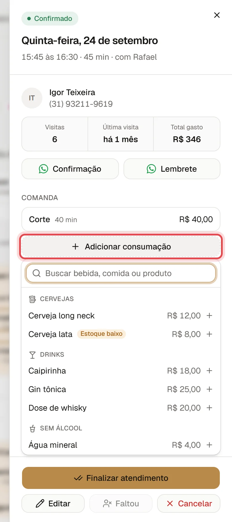 Janela do agendamento com a comanda e a lista de consumação aberta, com busca e itens de cerveja, drinks e água.