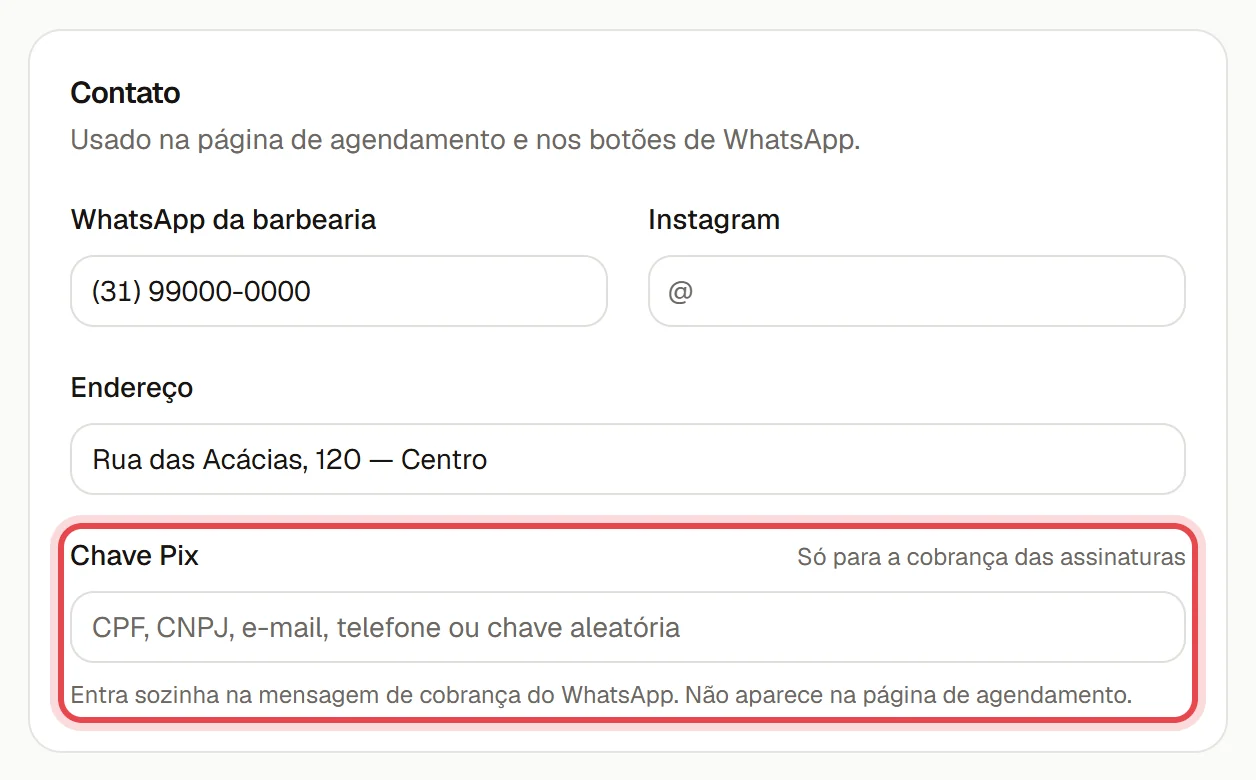 Bloco Contato das Configurações, com o WhatsApp da loja, o Instagram, o endereço e o campo da chave Pix.