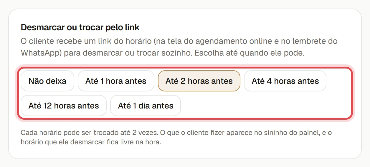 Seção Desmarcar ou trocar pelo link nas Configurações, com as opções de prazo.