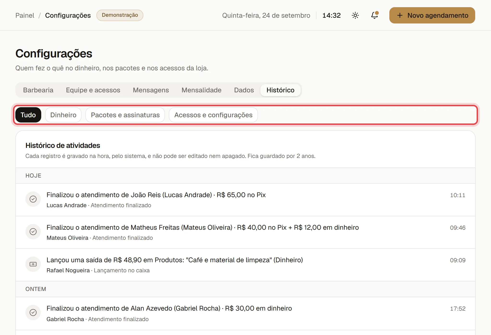 Aba Histórico das Configurações, com os filtros por tipo de registro e a lista de atividades por dia, cada uma com quem fez e o horário.