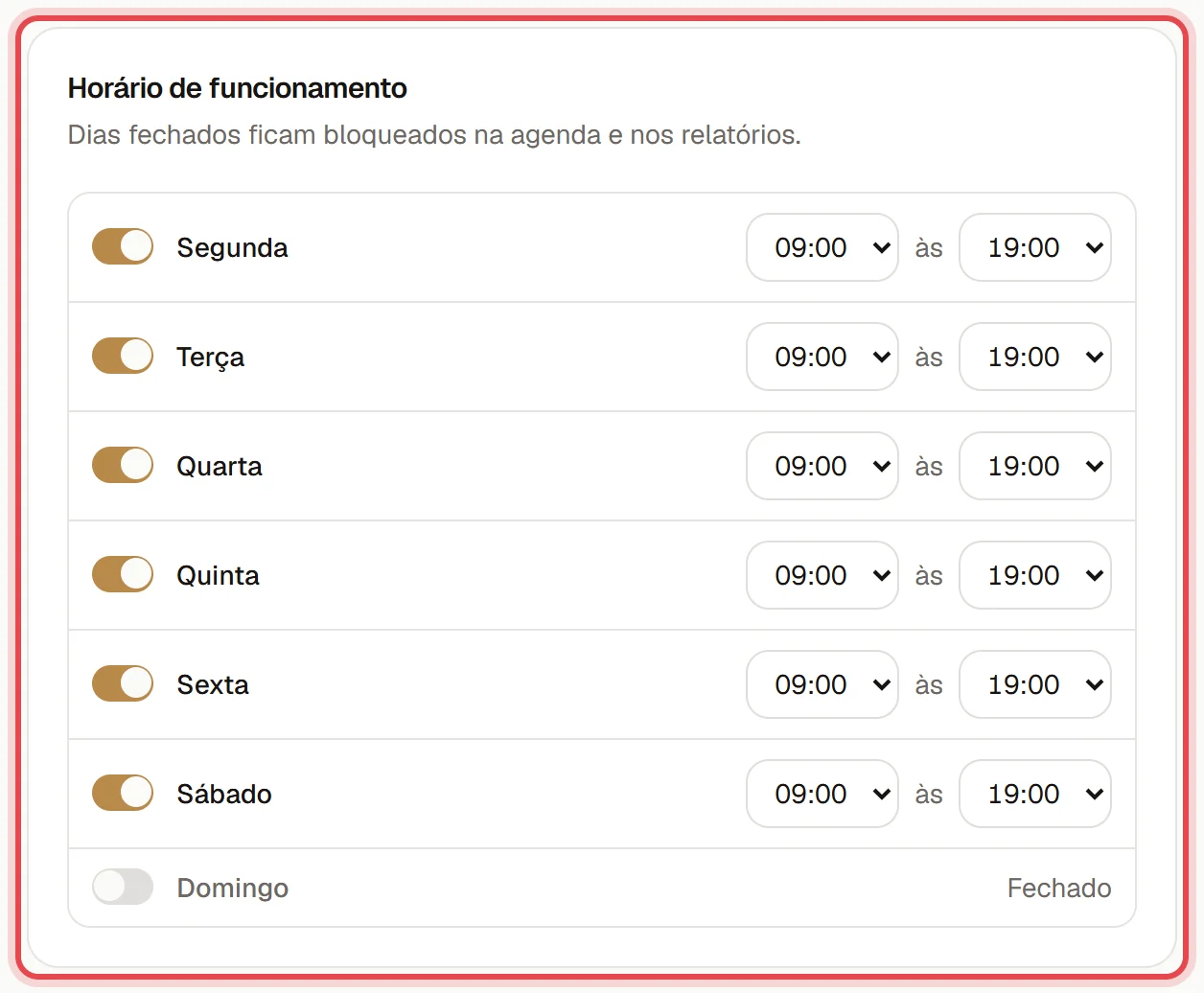 Bloco Horário de funcionamento das Configurações, com a chave e os horários de abertura e fechamento de cada dia e o domingo fechado.