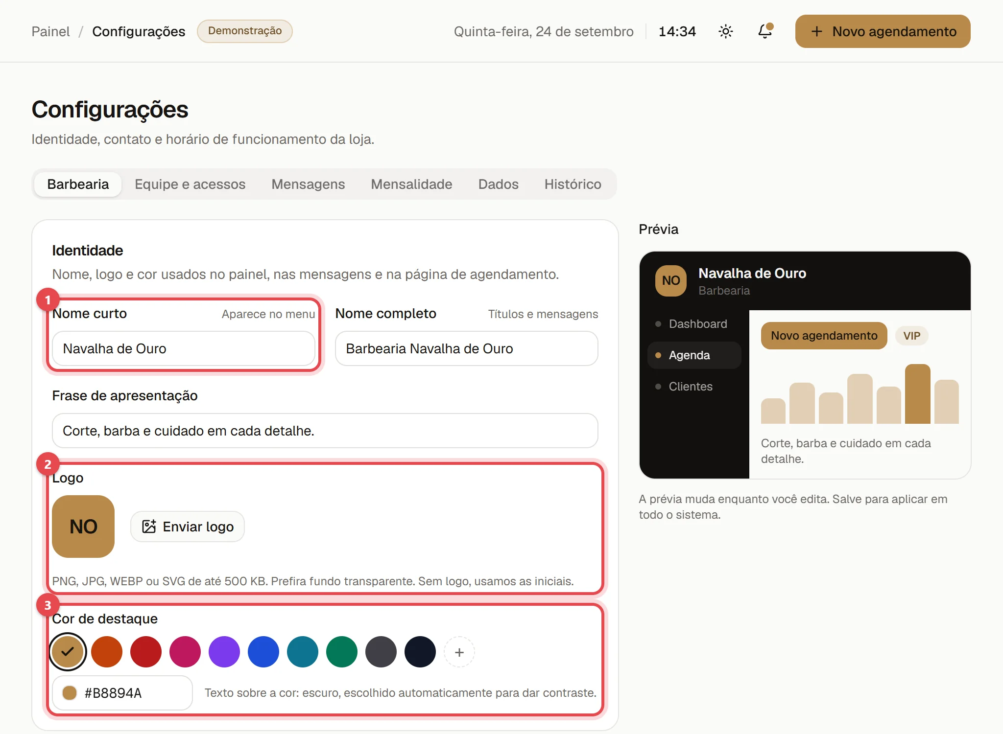 Primeira aba das Configurações, com os campos de nome, a frase de apresentação, a logo, a cor de destaque e, à direita, a prévia.