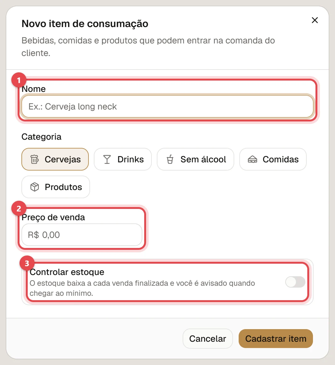 Janela Novo item de consumação, com o nome, as categorias, o preço de venda, a chave Controlar estoque e o botão Cadastrar item.