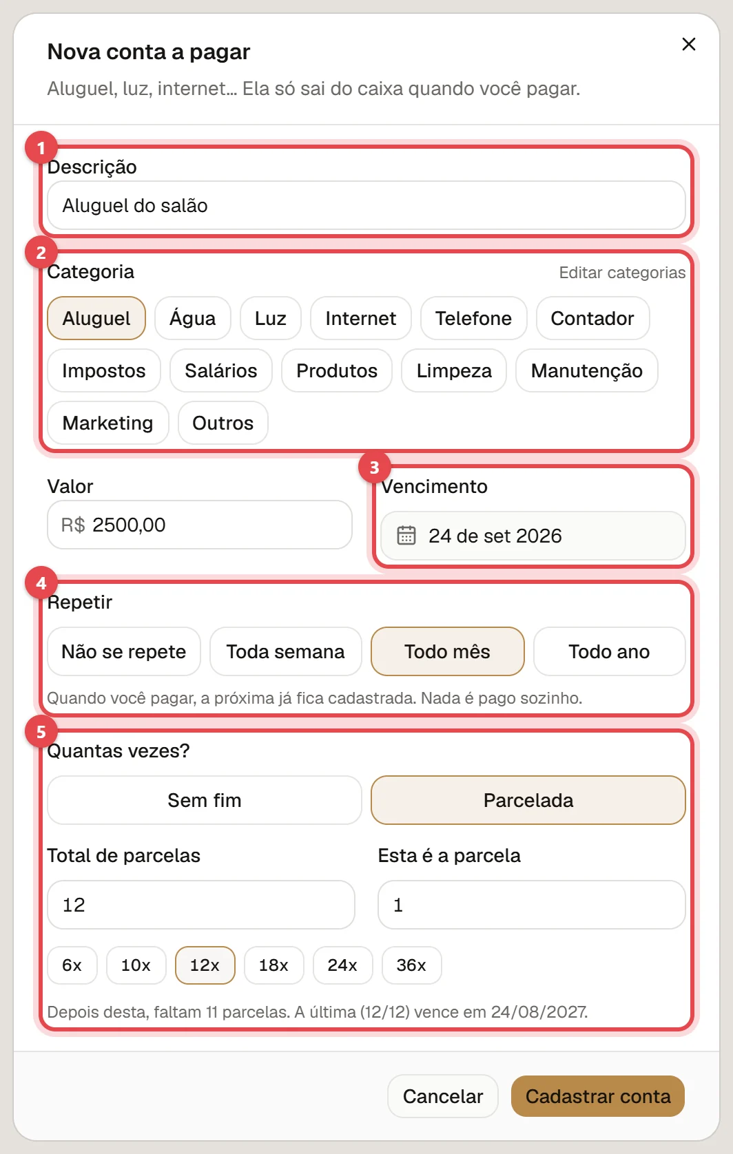 Janela Nova conta a pagar, com a descrição, as categorias, o valor, o vencimento, as opções de repetição e o parcelamento em 12 vezes.