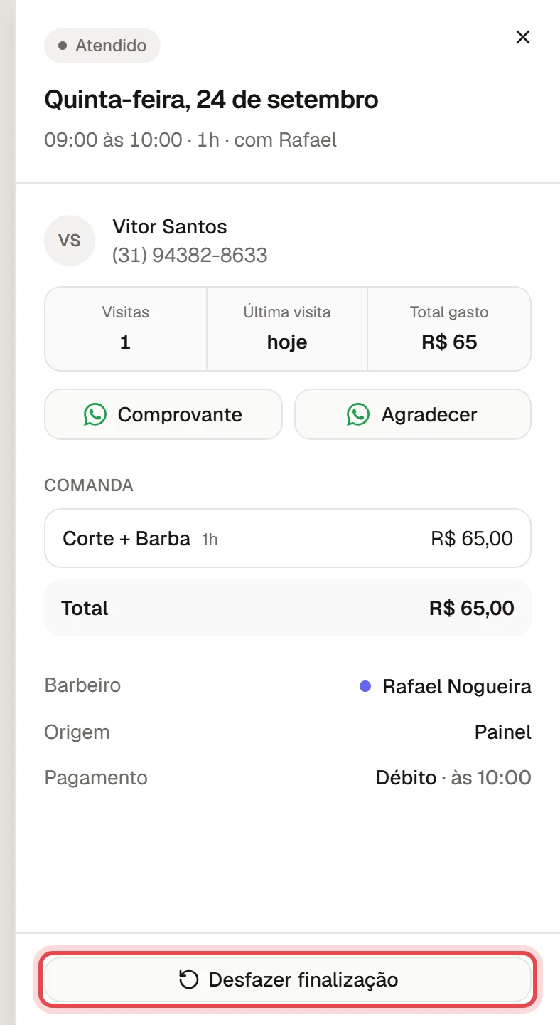 Janela de um atendimento já finalizado, mostrando o pagamento e, embaixo, o botão Desfazer finalização.
