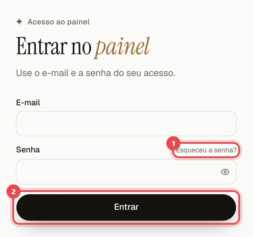 Tela de entrada do painel, com os campos de e-mail e senha, o link Esqueceu a senha? e o botão Entrar.