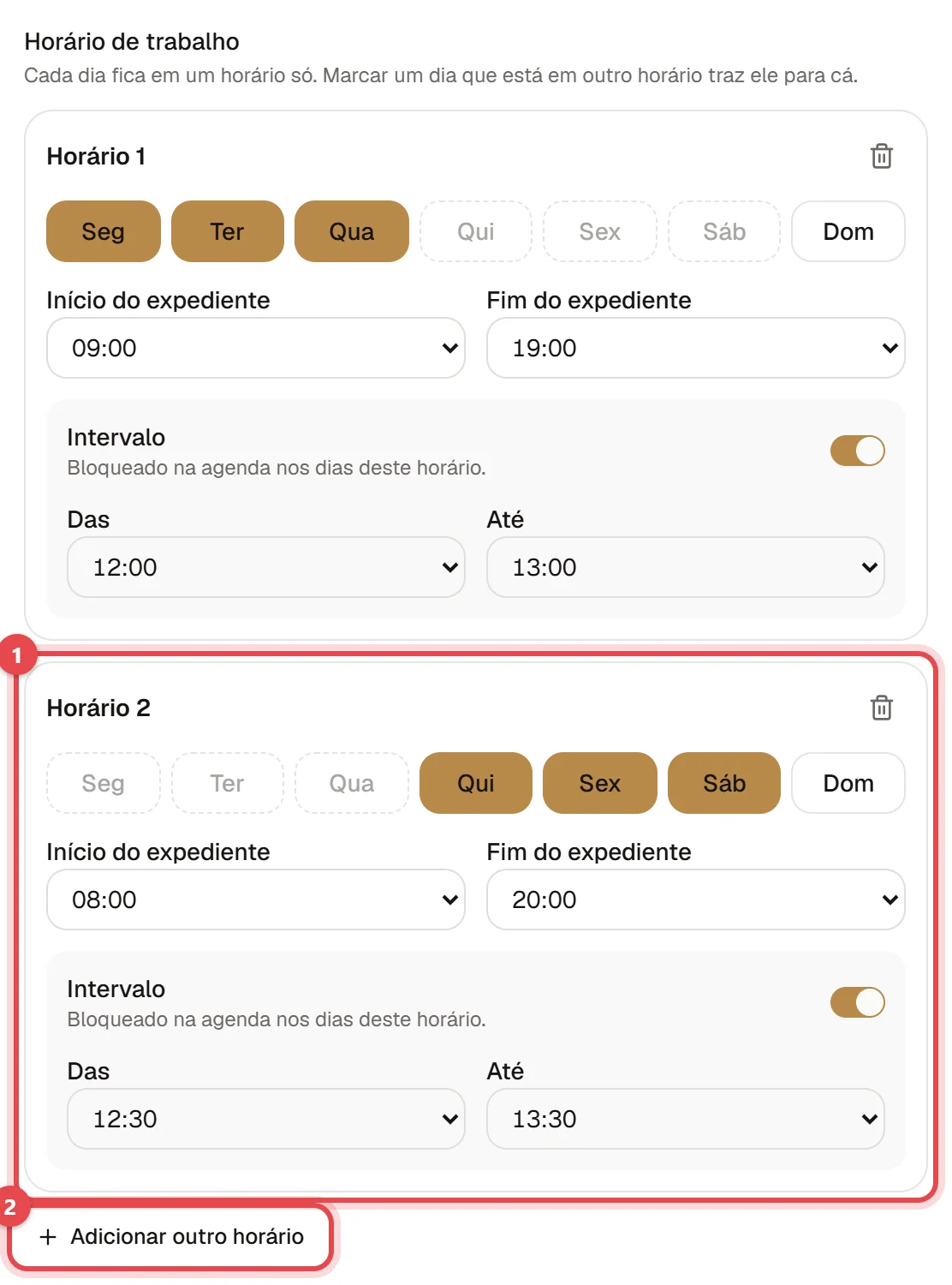 Horário de trabalho do profissional com dois horários: segunda a quarta das 09:00 às 19:00 e quinta a sábado das 08:00 às 20:00, e o botão Adicionar outro horário.