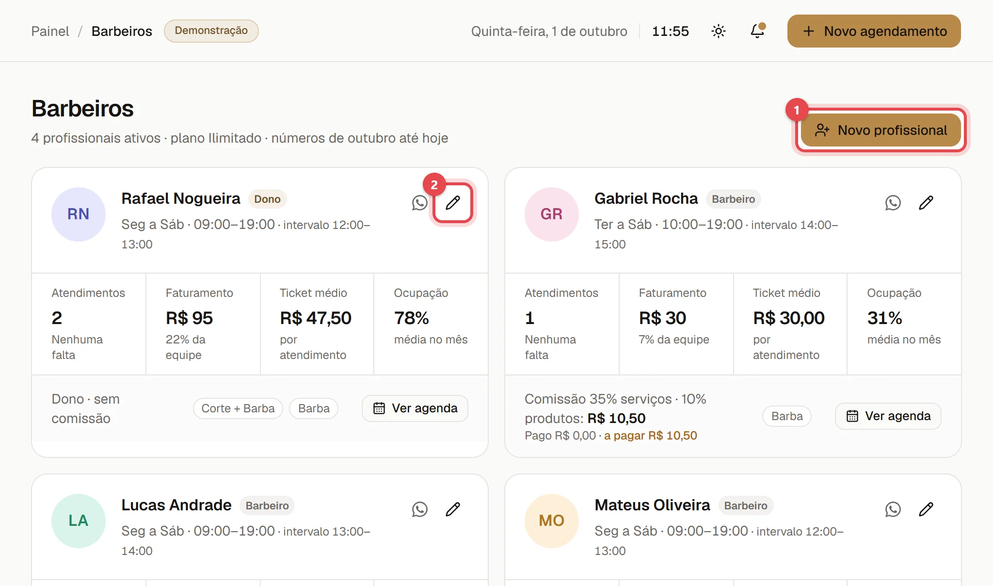 Página da equipe, com o botão Novo profissional e os cartões de cada profissional, com atendimentos, faturamento, ocupação e o botão de editar.