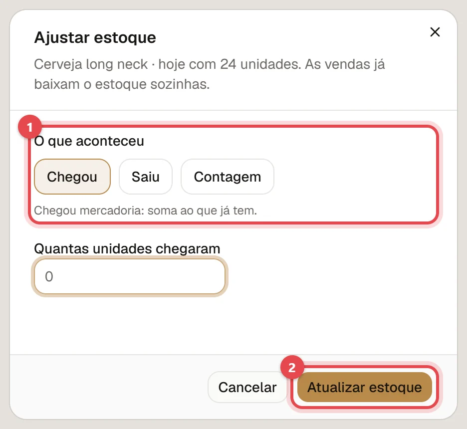 Janela Ajustar estoque, com as opções Chegou, Saiu e Contagem, o campo de quantidade e o botão Atualizar estoque.