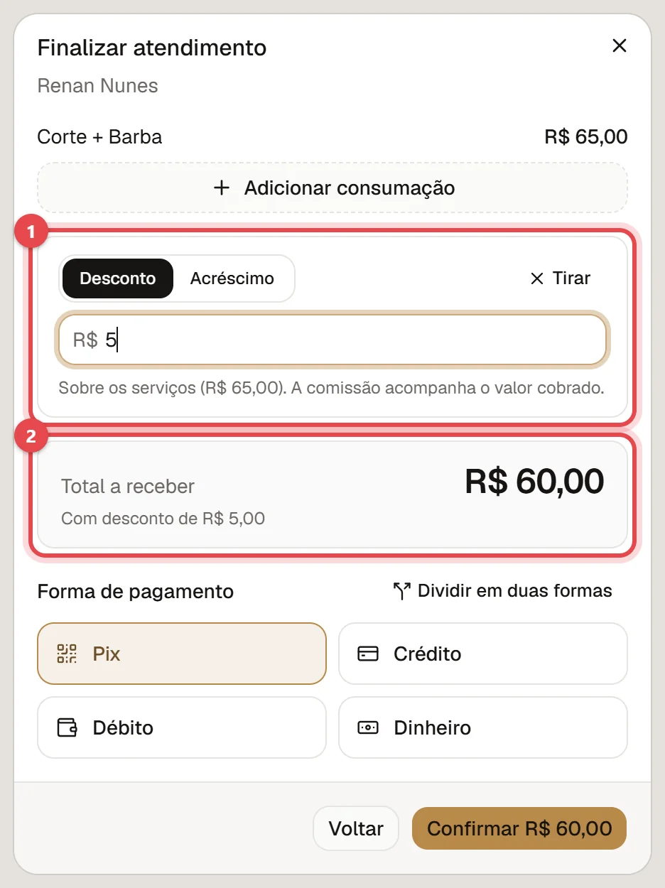 Janela Finalizar atendimento com um desconto de 5 reais preenchido e o total a receber recalculado, com a frase Com desconto de 5 reais.