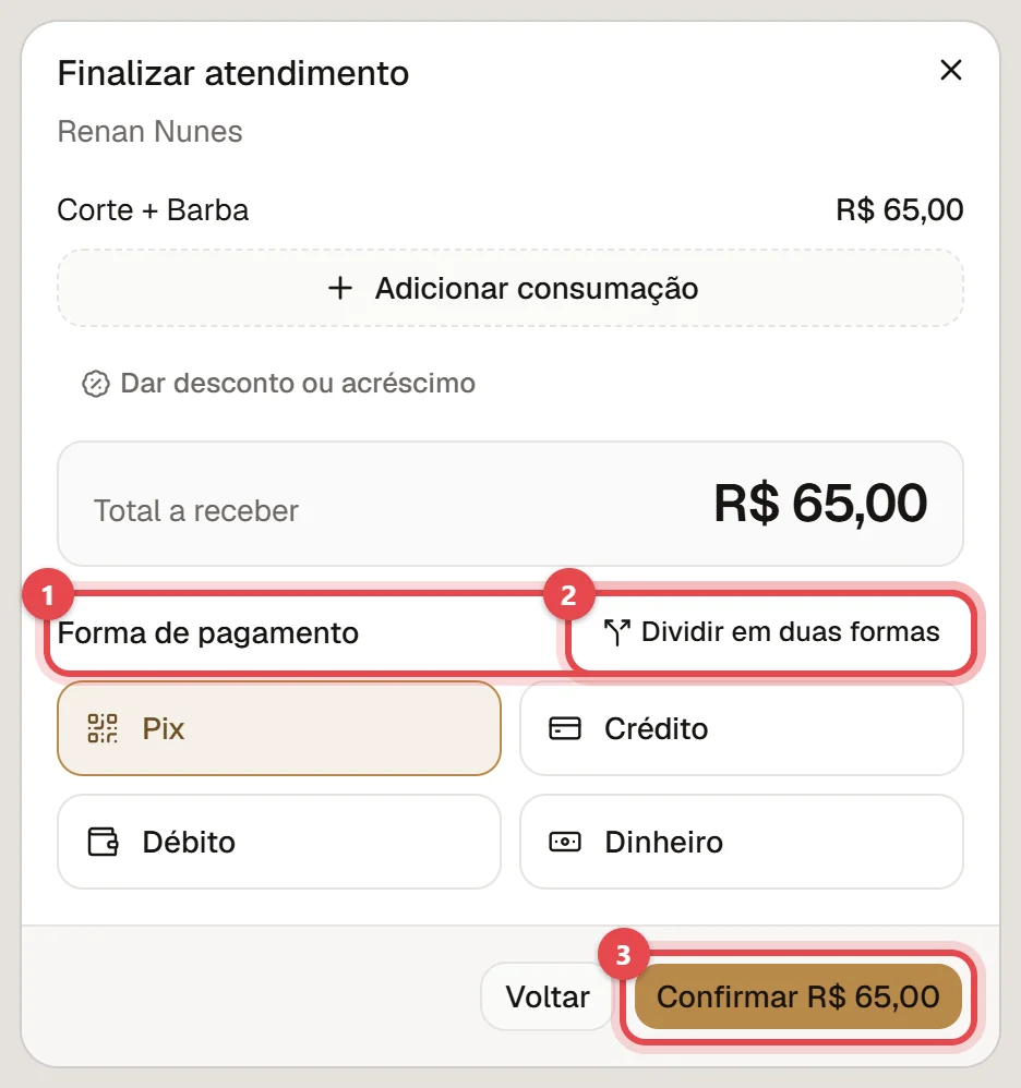 Janela Finalizar atendimento, com o total a receber, as formas de pagamento Pix, Crédito, Débito e Dinheiro e o botão Confirmar.