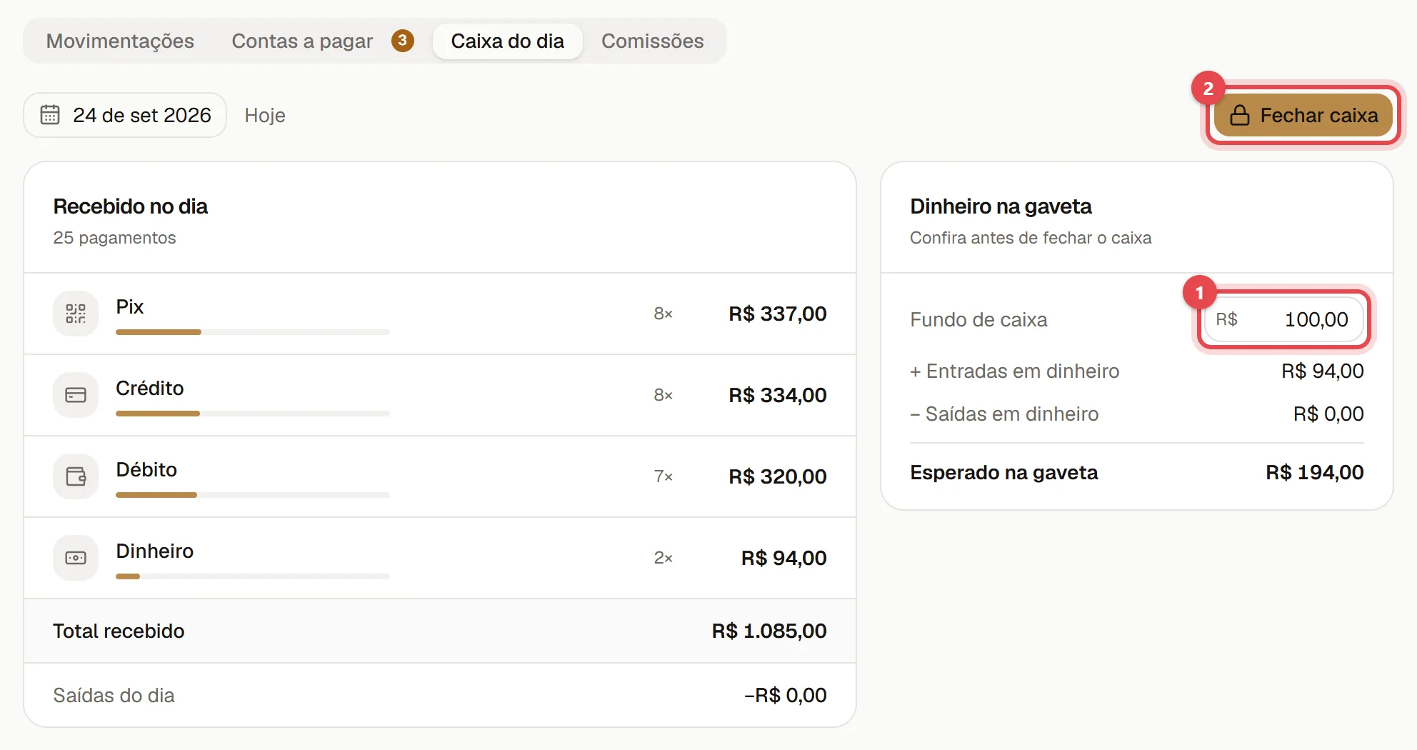 Aba Caixa do dia do Financeiro, com o campo Fundo de caixa e o botão Fechar caixa.
