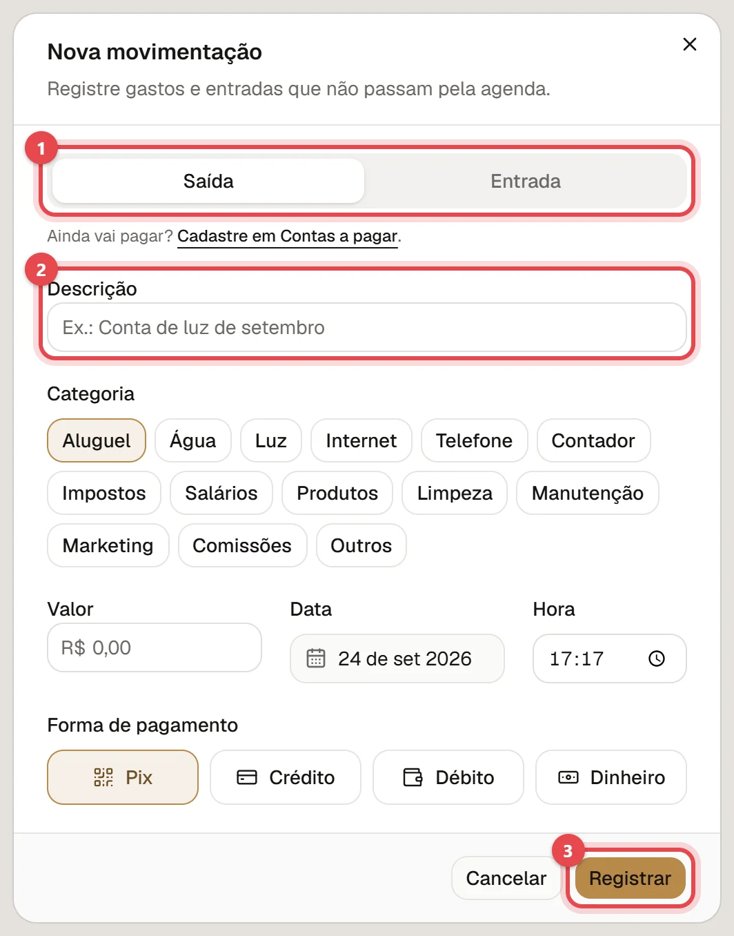 Janela Nova movimentação, com a escolha entre Saída e Entrada, a descrição, a categoria, o valor, a data, a hora, a forma de pagamento e o botão Registrar.
