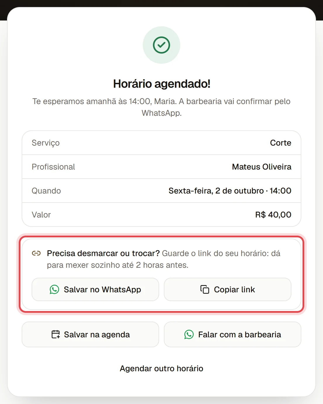 Tela Horário agendado! da página de agendamento, com o quadro Precisa desmarcar ou trocar? e os botões Salvar no WhatsApp e Copiar link.
