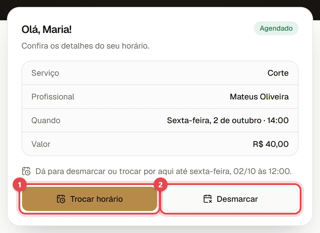Página do link do horário: o resumo do agendamento, o prazo para mexer e os botões Trocar horário e Desmarcar.