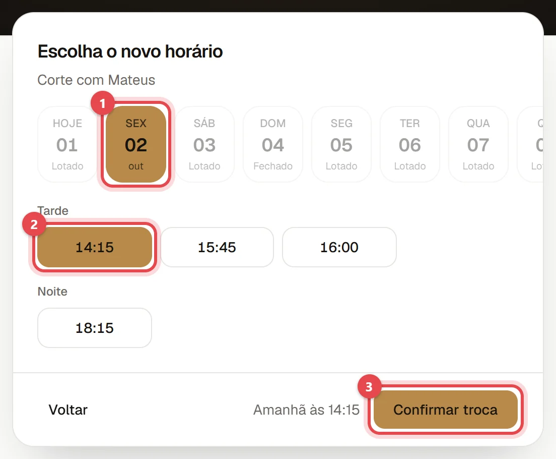 Tela de troca do horário: os dias, os horários livres e o botão Confirmar troca.
