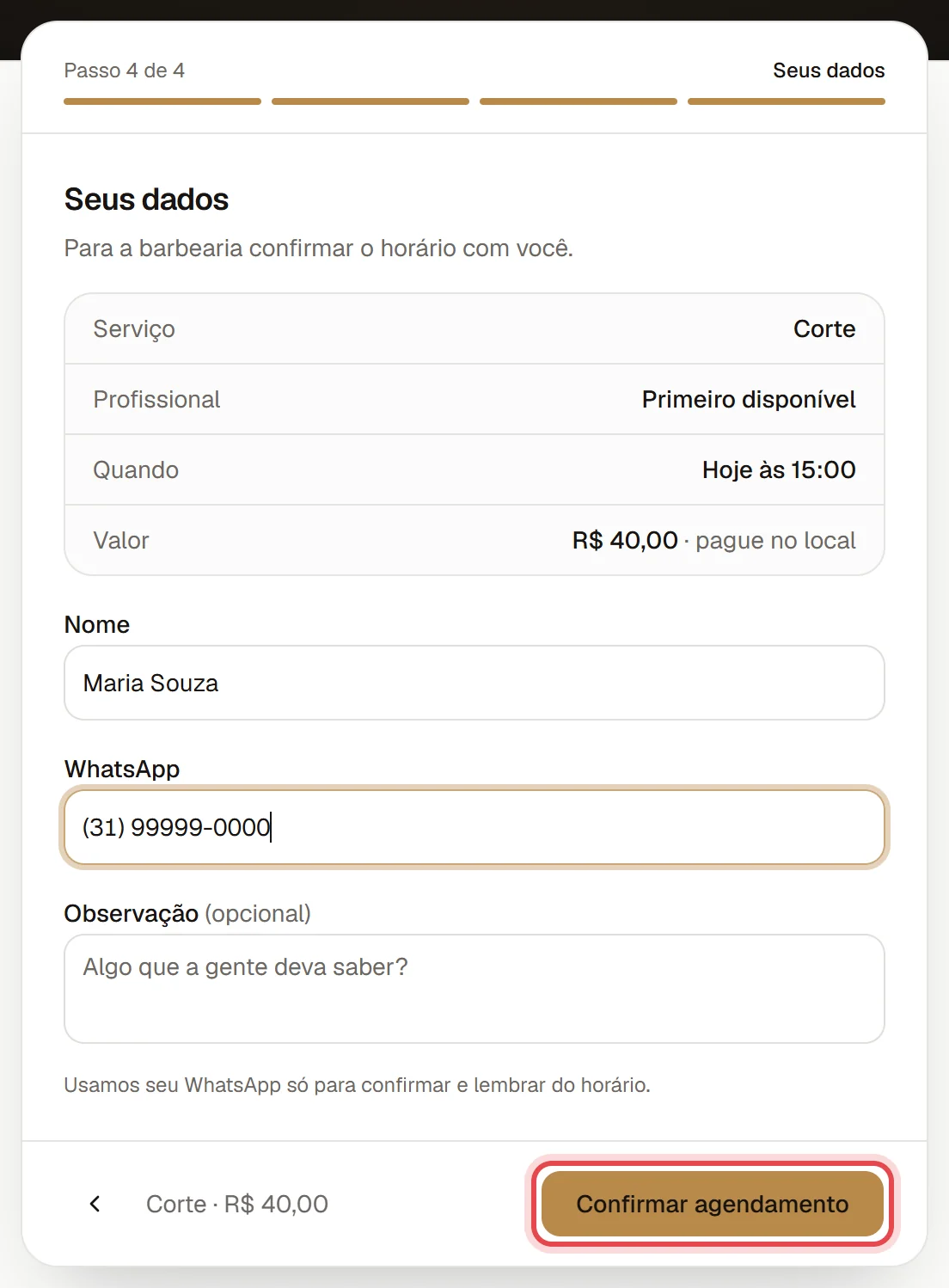 Quarto passo da página de agendamento: o resumo do pedido, os campos de nome e WhatsApp e o botão Confirmar agendamento.