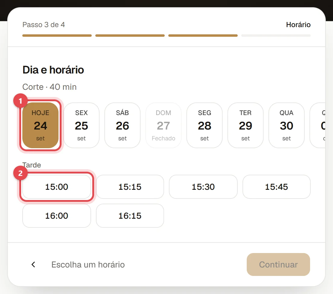 Terceiro passo da página de agendamento: os dias dos próximos 14 dias e os horários livres do dia escolhido.