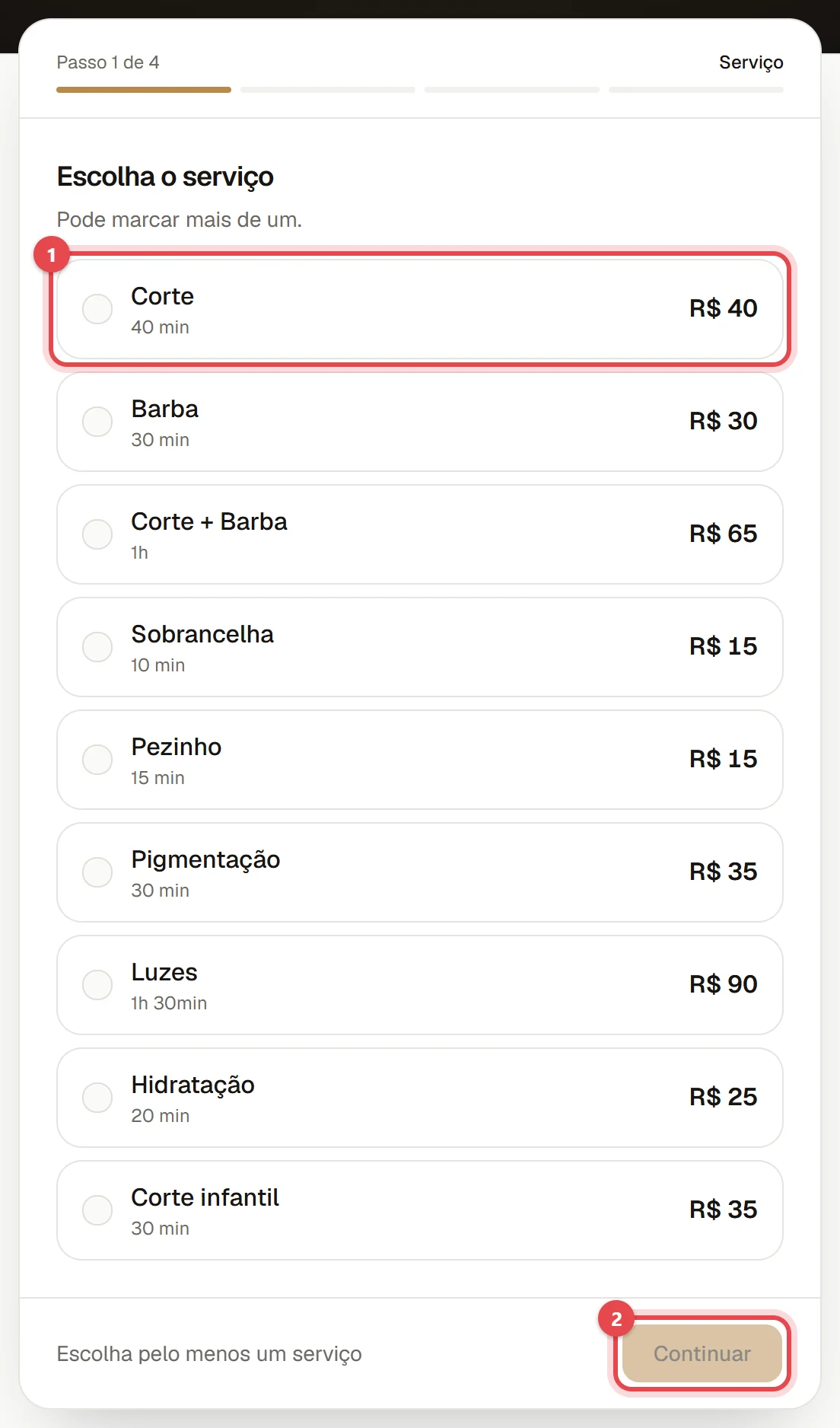 Primeiro passo da página de agendamento: a lista de serviços com preço e duração, e o botão Continuar.