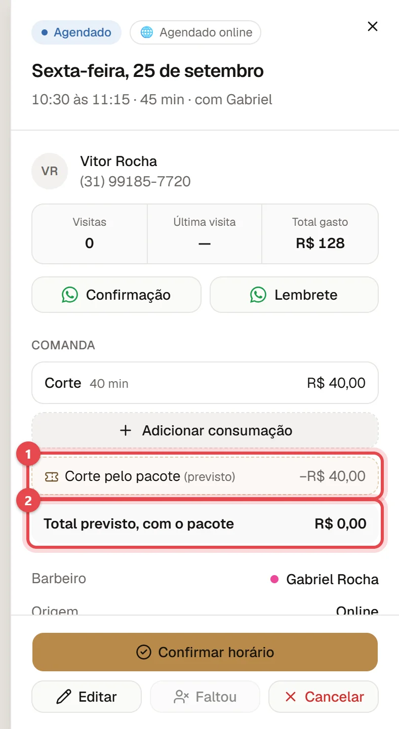 Detalhes de um agendamento de cliente com pacote, com a linha Corte pelo pacote (previsto) descontando o valor do corte e o Total previsto, com o pacote, zerado.