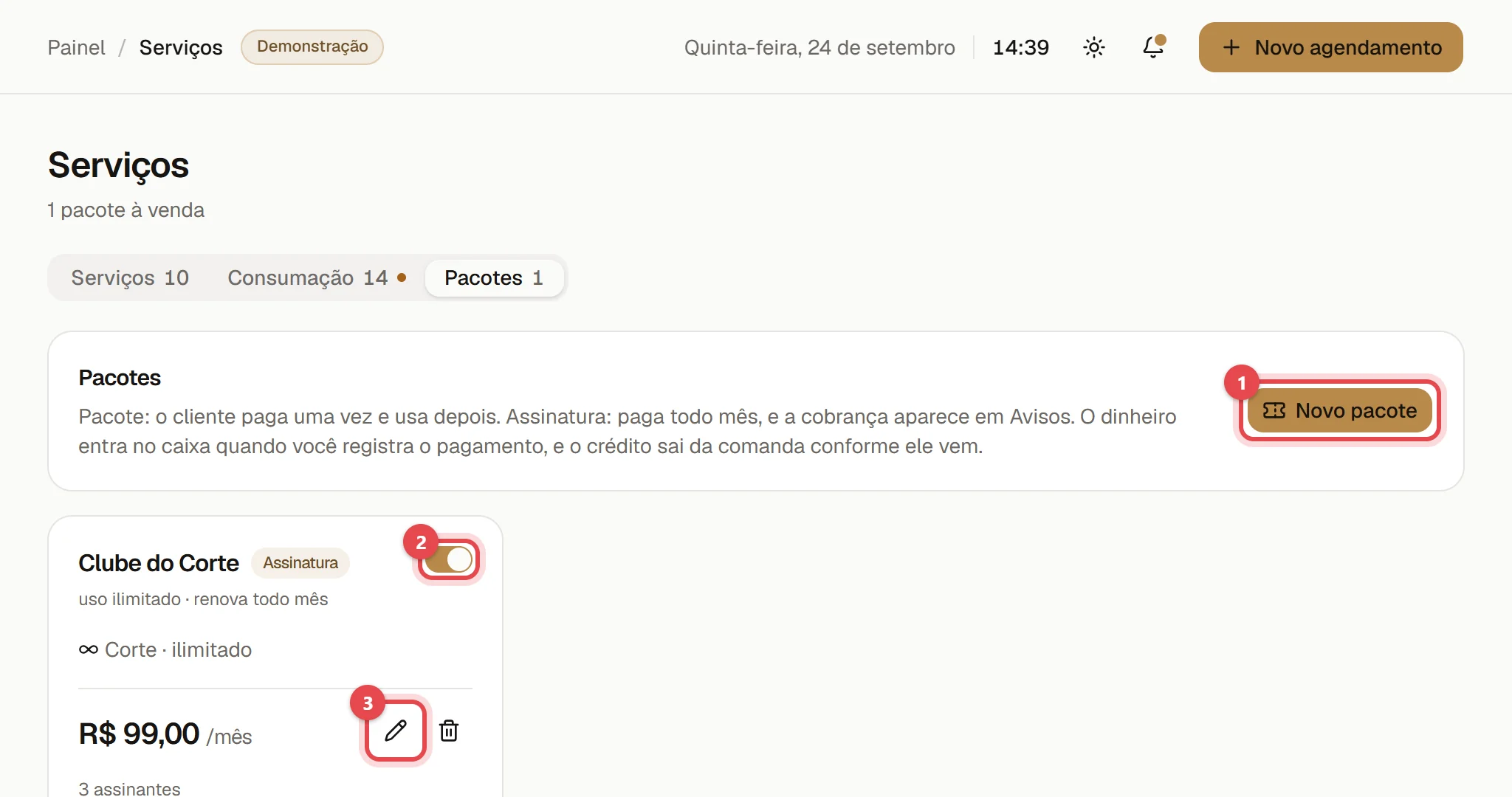 Aba Pacotes de Serviços, com o botão Novo pacote e o cartão de um pacote com a chave Vender e o botão Editar.