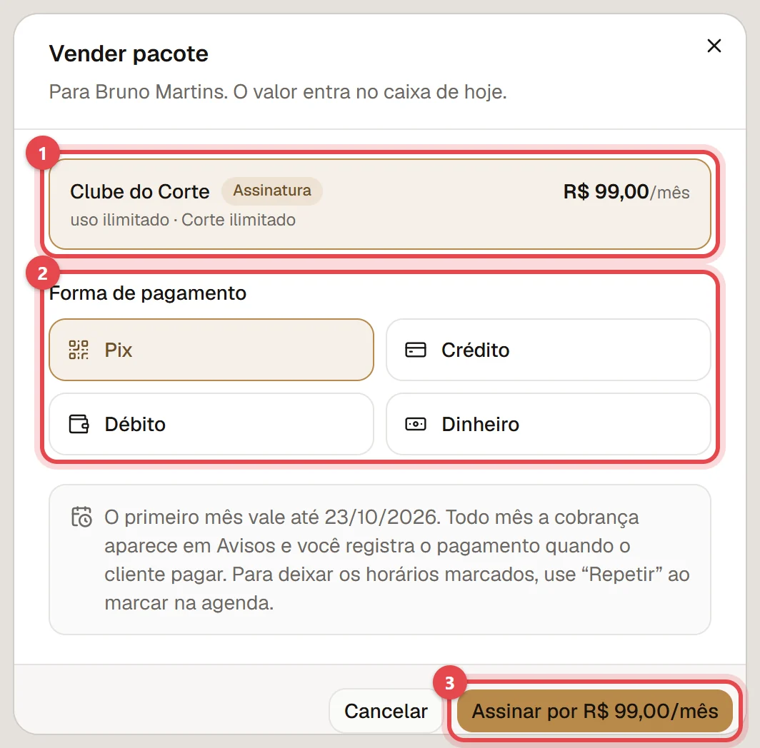Janela Vender pacote, com o pacote escolhido, as formas de pagamento Pix, Crédito, Débito e Dinheiro e o botão de confirmar a venda.