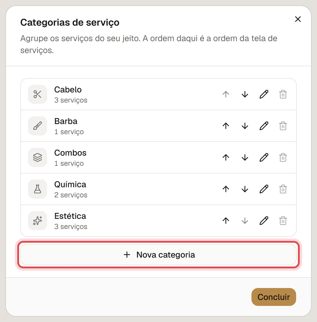 Janela Categorias de serviço, com a lista de categorias, os botões de subir, descer, editar e apagar, e o botão Nova categoria.