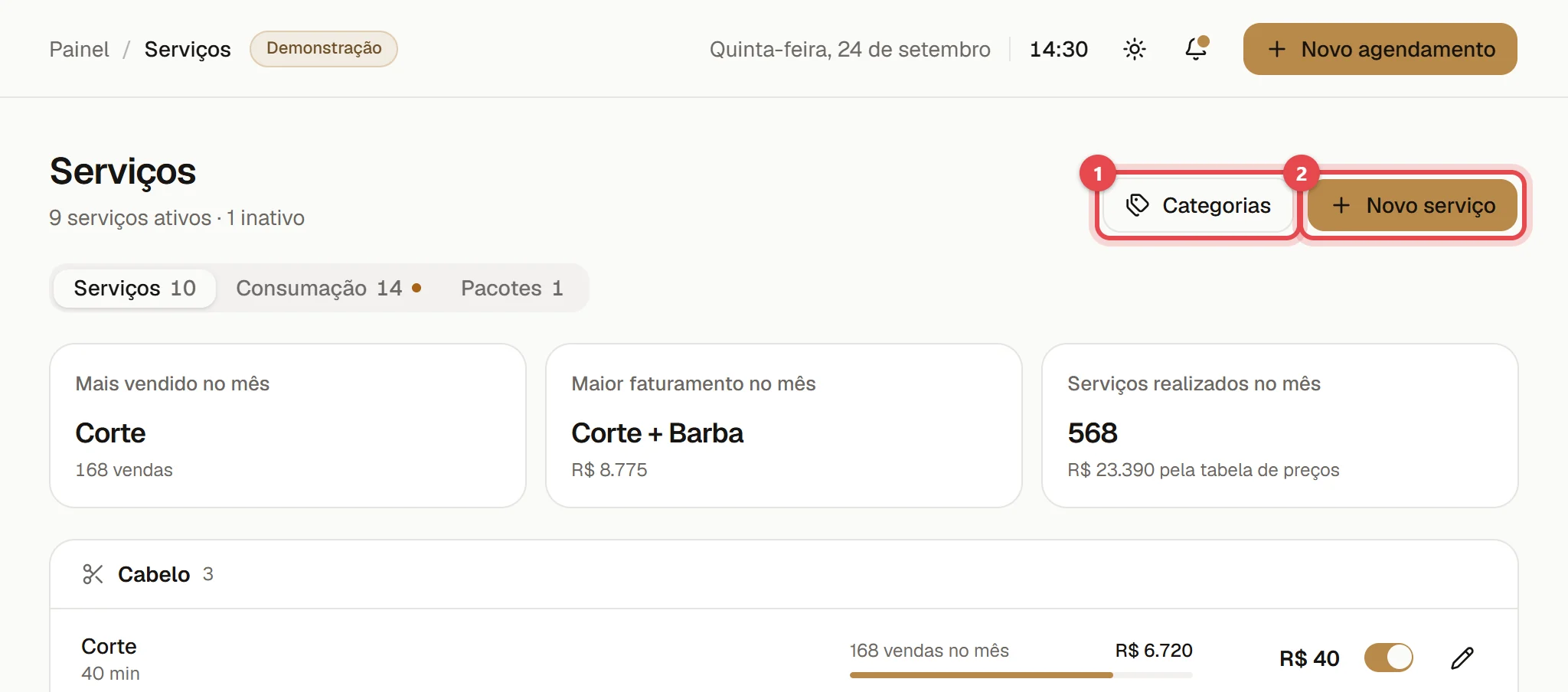 Página Serviços com as abas Serviços, Consumação e Pacotes, os botões Categorias e Novo serviço e a lista de serviços por categoria.