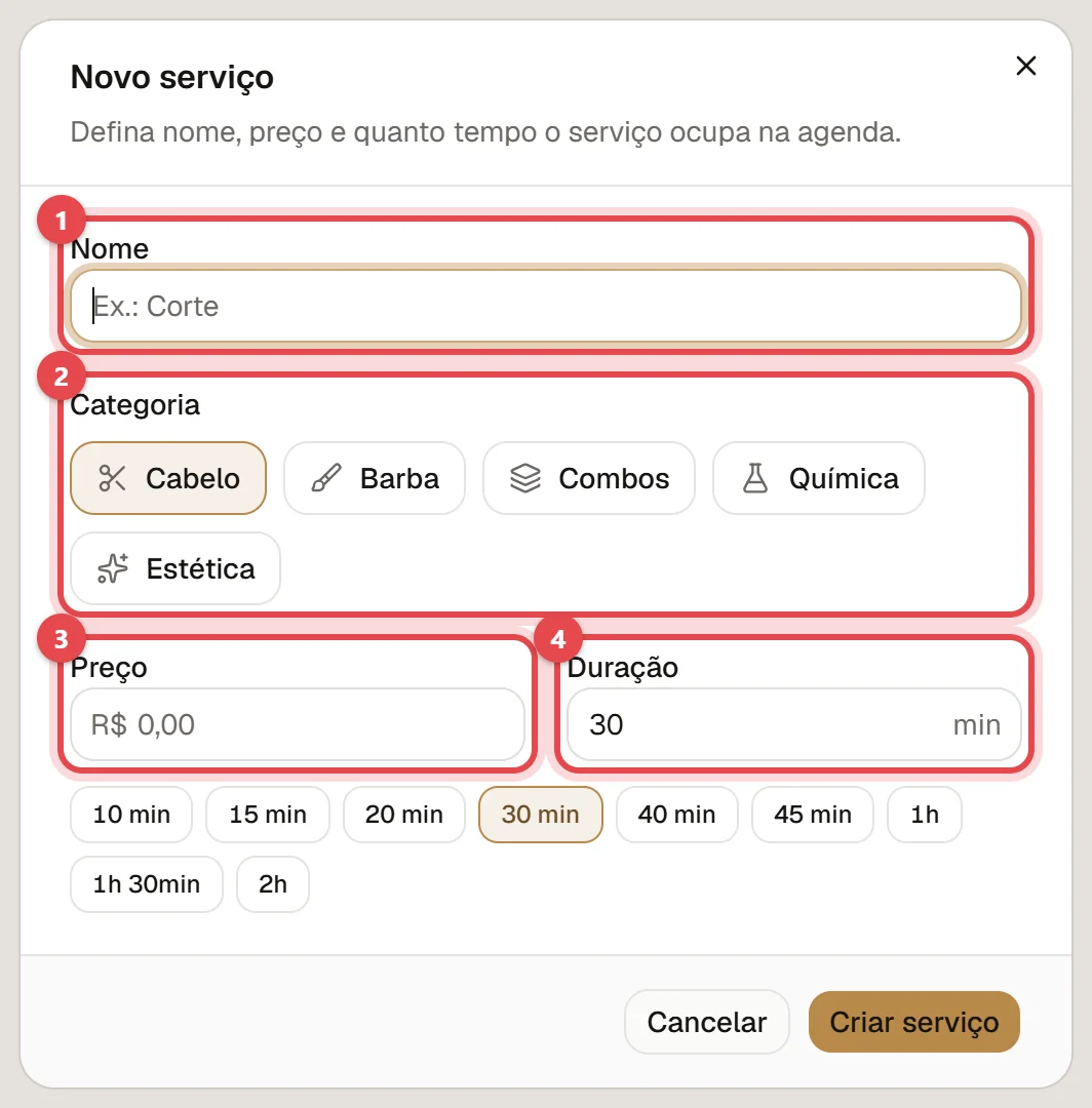 Janela Novo serviço, com os campos Nome, Categoria, Preço e Duração, os atalhos de duração e o botão Criar serviço.